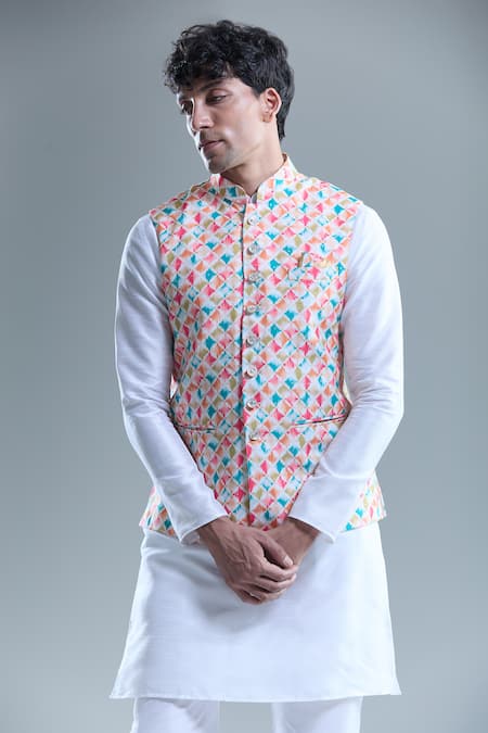 Shop Arihant Rai Sinha Cream Cotton Embroidery Checkered Nehru Jacket Online at Aza Fashions Shop_Arihant Rai Sinha_Cream Cotton Embroidery Checkered Nehru Jacket _Online_at_Aza_Fashions