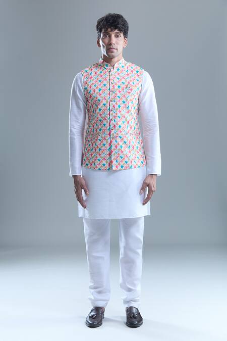 Arihant Rai Sinha Cream Cotton Embroidery Checkered Nehru Jacket at Aza Fashions Arihant Rai Sinha_Cream Cotton Embroidery Checkered Nehru Jacket _at_Aza_Fashions