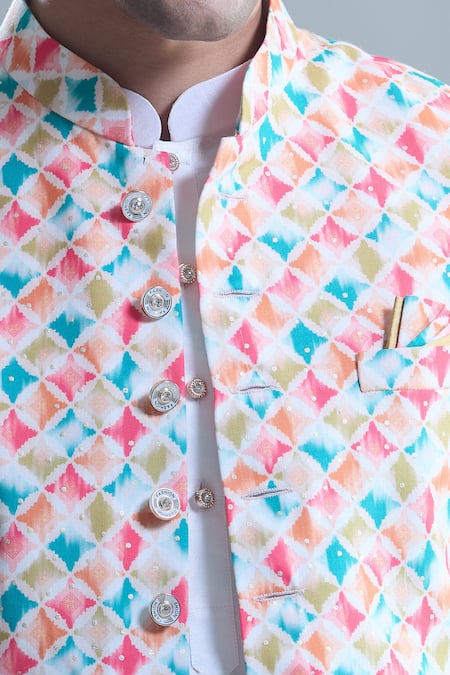 Buy Arihant Rai Sinha Cream Cotton Embroidery Checkered Nehru Jacket Buy_Arihant Rai Sinha_Cream Cotton Embroidery Checkered Nehru Jacket