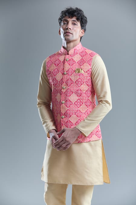 Arihant Rai Sinha Pink Cotton, Silk Sequins, Embroidery Floral Bandhani Woven Bandi And Kurta Set Online at Aza Fashions Arihant Rai Sinha_Pink Cotton, Silk Sequins, Embroidery Floral Bandhani Woven Bandi And Kurta Set _Online_at_Aza_Fashions