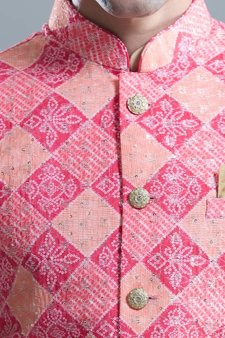 Buy Arihant Rai Sinha Pink Cotton, Silk Sequins, Embroidery Floral Bandhani Woven Bandi And Kurta Set Online at Aza Fashions Buy_Arihant Rai Sinha_Pink Cotton, Silk Sequins, Embroidery Floral Bandhani Woven Bandi And Kurta Set _Online_at_Aza_Fashions