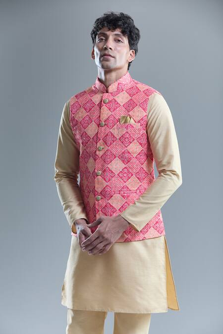 Shop Arihant Rai Sinha Pink Cotton, Silk Sequins, Embroidery Floral Bandhani Woven Bandi And Kurta Set Online at Aza Fashions Shop_Arihant Rai Sinha_Pink Cotton, Silk Sequins, Embroidery Floral Bandhani Woven Bandi And Kurta Set _Online_at_Aza_Fashions