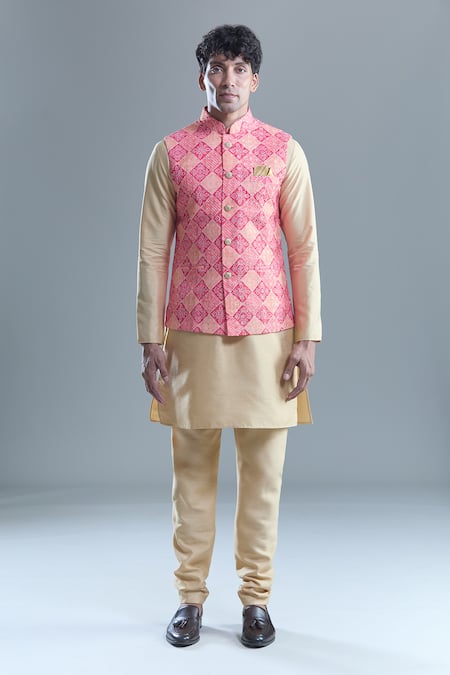 Arihant Rai Sinha Pink Cotton, Silk Sequins, Embroidery Floral Bandhani Woven Bandi And Kurta Set at Aza Fashions Arihant Rai Sinha_Pink Cotton, Silk Sequins, Embroidery Floral Bandhani Woven Bandi And Kurta Set _at_Aza_Fashions