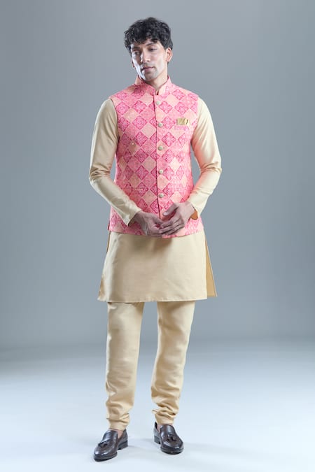 Buy Arihant Rai Sinha Pink Cotton, Silk Sequins, Embroidery Floral Bandhani Woven Bandi And Kurta Set Buy_Arihant Rai Sinha_Pink Cotton, Silk Sequins, Embroidery Floral Bandhani Woven Bandi And Kurta Set