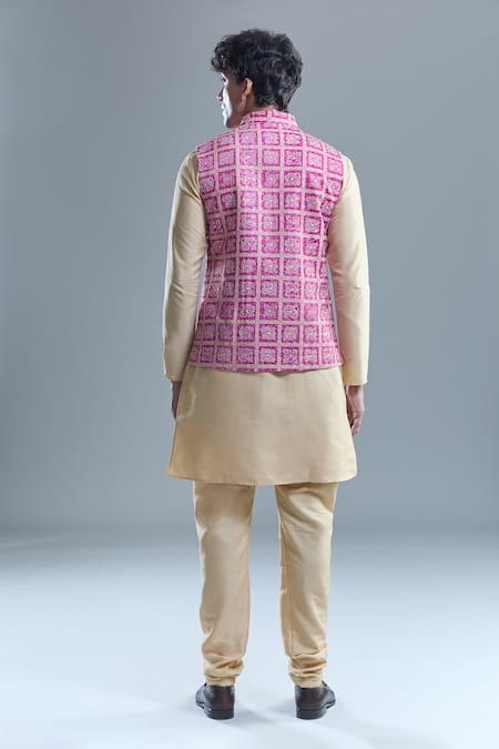 Shop Arihant Rai Sinha Pink Cotton, Silk Embroidery, Sequins Floral Bandhani Motif Bandi Set at Aza Fashions Shop_Arihant Rai Sinha_Pink Cotton, Silk Embroidery, Sequins Floral Bandhani Motif Bandi Set _at_Aza_Fashions