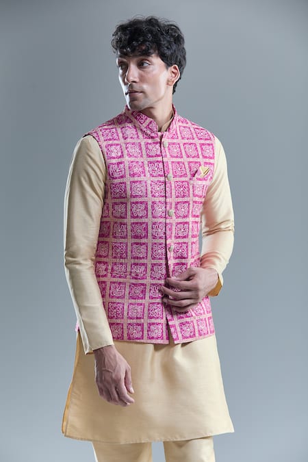 Buy Arihant Rai Sinha Pink Cotton, Silk Embroidery, Sequins Floral Bandhani Motif Bandi Set Online at Aza Fashions Buy_Arihant Rai Sinha_Pink Cotton, Silk Embroidery, Sequins Floral Bandhani Motif Bandi Set _Online_at_Aza_Fashions