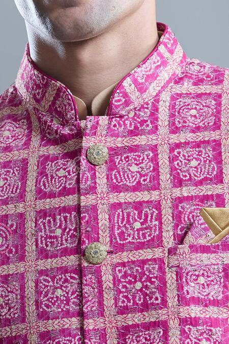 Shop Arihant Rai Sinha Pink Cotton, Silk Embroidery, Sequins Floral Bandhani Motif Bandi Set Online at Aza Fashions Shop_Arihant Rai Sinha_Pink Cotton, Silk Embroidery, Sequins Floral Bandhani Motif Bandi Set _Online_at_Aza_Fashions