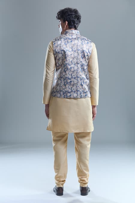 Shop Arihant Rai Sinha Blue Jacquard, Silk Embroidery Floral Woven Bandi With Kurta Set at Aza Fashions Shop_Arihant Rai Sinha_Blue Jacquard, Silk Embroidery Floral Woven Bandi With Kurta Set _at_Aza_Fashions