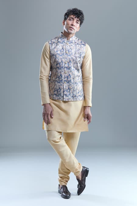 Buy Arihant Rai Sinha Blue Jacquard, Silk Embroidery Floral Woven Bandi With Kurta Set Online at Aza Fashions Buy_Arihant Rai Sinha_Blue Jacquard, Silk Embroidery Floral Woven Bandi With Kurta Set _Online_at_Aza_Fashions