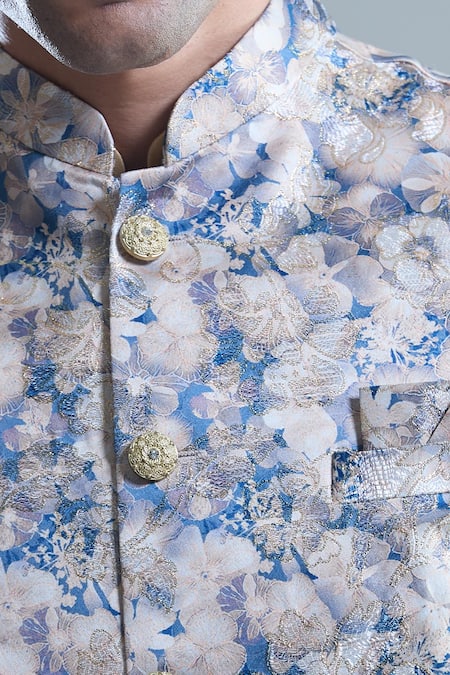 Shop Arihant Rai Sinha Blue Jacquard, Silk Embroidery Floral Woven Bandi With Kurta Set Online at Aza Fashions Shop_Arihant Rai Sinha_Blue Jacquard, Silk Embroidery Floral Woven Bandi With Kurta Set _Online_at_Aza_Fashions