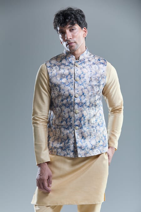 Arihant Rai Sinha Blue Jacquard, Silk Embroidery Floral Woven Bandi With Kurta Set at Aza Fashions Arihant Rai Sinha_Blue Jacquard, Silk Embroidery Floral Woven Bandi With Kurta Set _at_Aza_Fashions