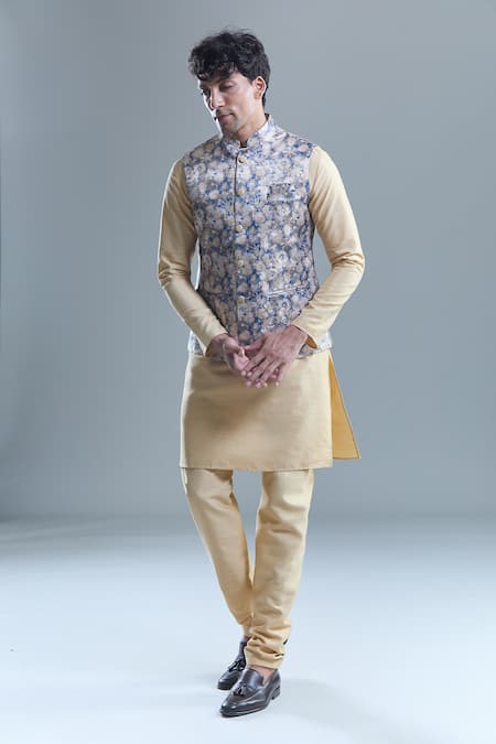 Buy Arihant Rai Sinha Blue Jacquard, Silk Embroidery Floral Woven Bandi With Kurta Set Buy_Arihant Rai Sinha_Blue Jacquard, Silk Embroidery Floral Woven Bandi With Kurta Set