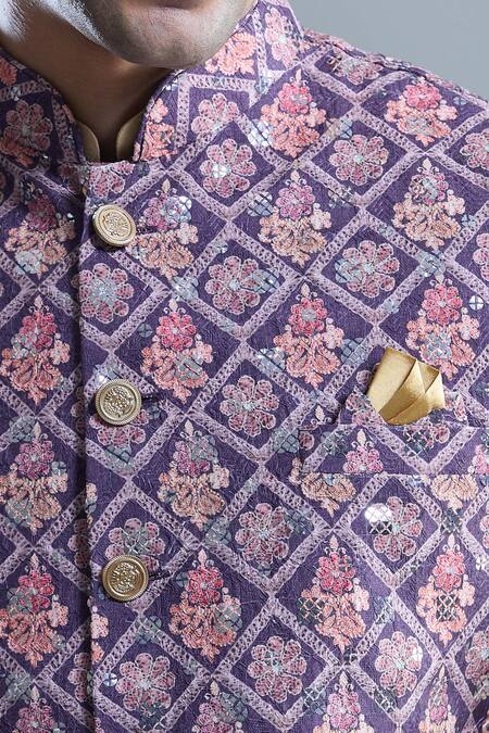 Buy_Arihant Rai Sinha_Purple Cotton, Silk Embroidery, Sequins Floral Bandi And Kurta Set _Online_at_Aza_Fashions