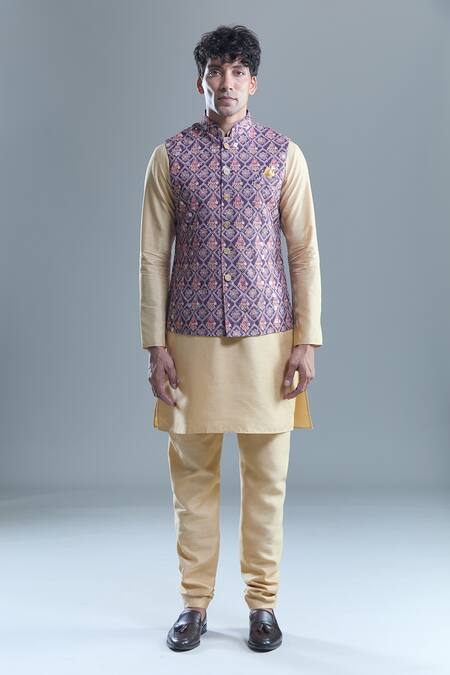 Shop_Arihant Rai Sinha_Purple Cotton, Silk Embroidery, Sequins Floral Bandi And Kurta Set _Online_at_Aza_Fashions