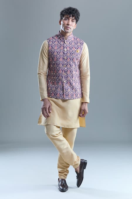 Arihant Rai Sinha_Purple Cotton, Silk Embroidery, Sequins Floral Bandi And Kurta Set _at_Aza_Fashions