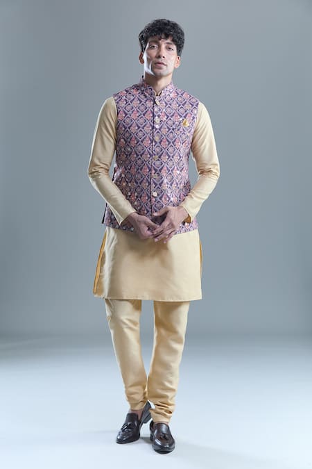 Buy_Arihant Rai Sinha_Purple Cotton, Silk Embroidery, Sequins Floral Bandi And Kurta Set 