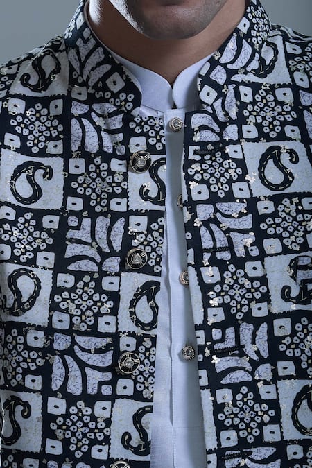 Buy Arihant Rai Sinha Black Silk, Cotton Foil Printing Printed Bandi And Kurta Set Online at Aza Fashions Buy_Arihant Rai Sinha_Black Silk, Cotton Foil Printing Printed Bandi And Kurta Set _Online_at_Aza_Fashions