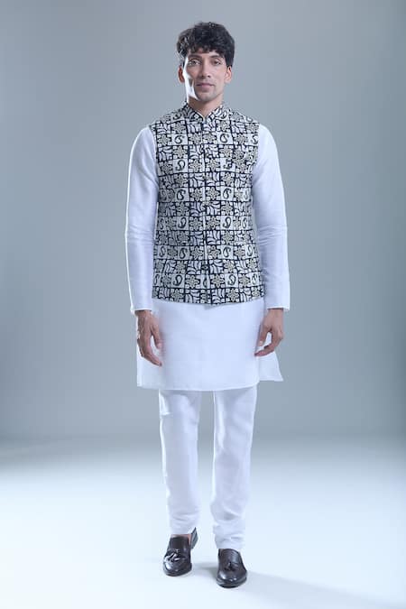 Shop Arihant Rai Sinha Black Silk, Cotton Foil Printing Printed Bandi And Kurta Set Online at Aza Fashions Shop_Arihant Rai Sinha_Black Silk, Cotton Foil Printing Printed Bandi And Kurta Set _Online_at_Aza_Fashions