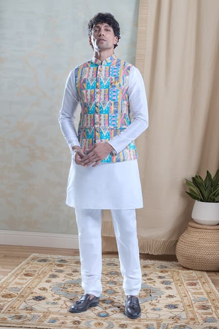 Aryavir Malhotra Geometric Foil Printed Bandi With Kurta Set 