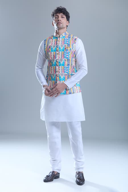 Buy Arihant Rai Sinha White Silk, Cotton Foil Printing Geometric Printed Bandi And Kurta Set Online at Aza Fashions Buy_Arihant Rai Sinha_White Silk, Cotton Foil Printing Geometric Printed Bandi And Kurta Set _Online_at_Aza_Fashions