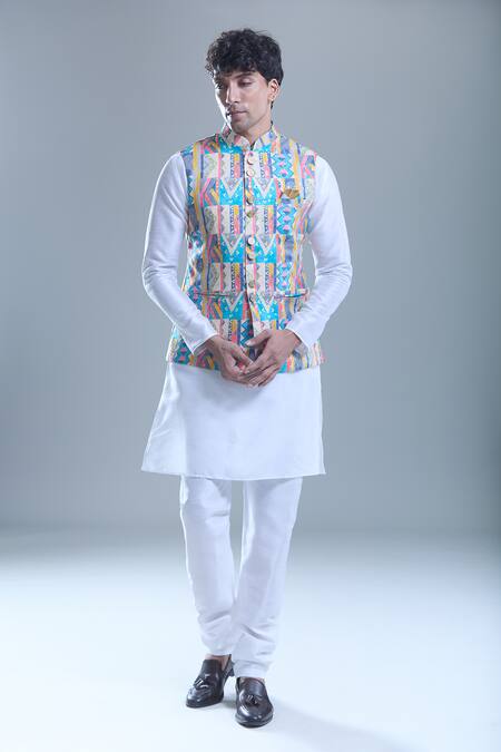 Shop Arihant Rai Sinha White Silk, Cotton Foil Printing Geometric Printed Bandi And Kurta Set Online at Aza Fashions Shop_Arihant Rai Sinha_White Silk, Cotton Foil Printing Geometric Printed Bandi And Kurta Set _Online_at_Aza_Fashions