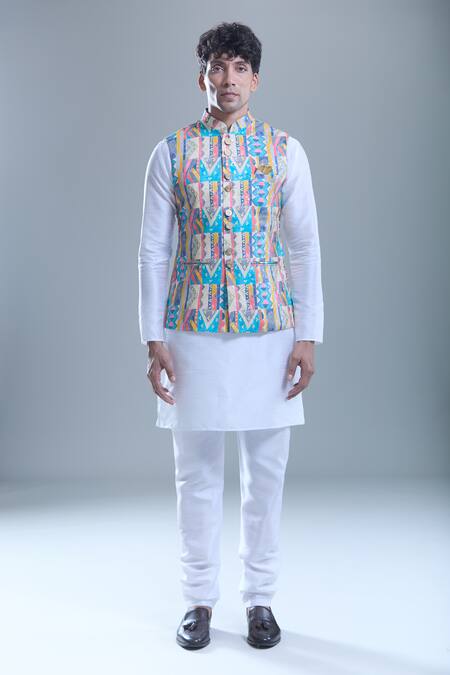 Arihant Rai Sinha White Silk, Cotton Foil Printing Geometric Printed Bandi And Kurta Set at Aza Fashions Arihant Rai Sinha_White Silk, Cotton Foil Printing Geometric Printed Bandi And Kurta Set _at_Aza_Fashions