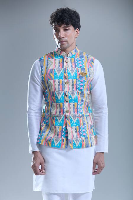 Shop Arihant Rai Sinha White Silk, Cotton Foil Printing Geometric Printed Bandi And Kurta Set Shop_Arihant Rai Sinha_White Silk, Cotton Foil Printing Geometric Printed Bandi And Kurta Set