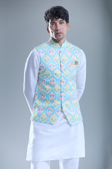 Arihant Rai Sinha Blue Cotton, Silk Foil Printing Geometric Printed Bandi And Kurta Set Online at Aza Fashions Arihant Rai Sinha_Blue Cotton, Silk Foil Printing Geometric Printed Bandi And Kurta Set _Online_at_Aza_Fashions