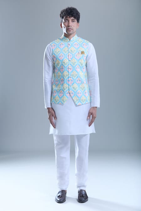 Buy Arihant Rai Sinha Blue Cotton, Silk Foil Printing Geometric Printed Bandi And Kurta Set Online at Aza Fashions Buy_Arihant Rai Sinha_Blue Cotton, Silk Foil Printing Geometric Printed Bandi And Kurta Set _Online_at_Aza_Fashions
