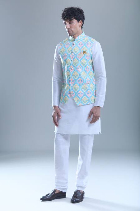 Shop Arihant Rai Sinha Blue Cotton, Silk Foil Printing Geometric Printed Bandi And Kurta Set Online at Aza Fashions Shop_Arihant Rai Sinha_Blue Cotton, Silk Foil Printing Geometric Printed Bandi And Kurta Set _Online_at_Aza_Fashions