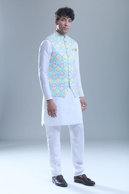 Arihant Rai Sinha Blue Cotton, Silk Foil Printing Geometric Printed Bandi And Kurta Set at Aza Fashions Arihant Rai Sinha_Blue Cotton, Silk Foil Printing Geometric Printed Bandi And Kurta Set _at_Aza_Fashions