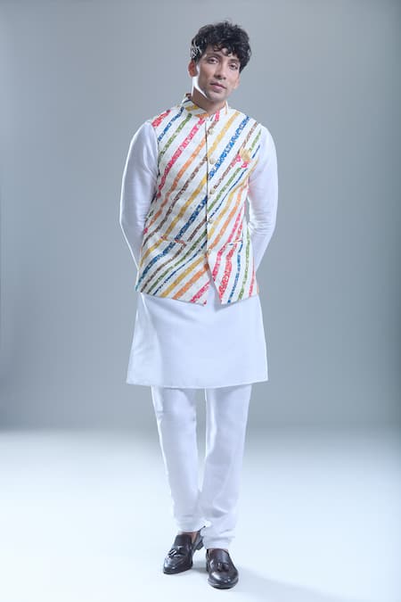 Buy_Arihant Rai Sinha_Cream Silk, Cotton Foil Printing, Embroidery Floral Bandi And Kurta Set _Online_at_Aza_Fashions