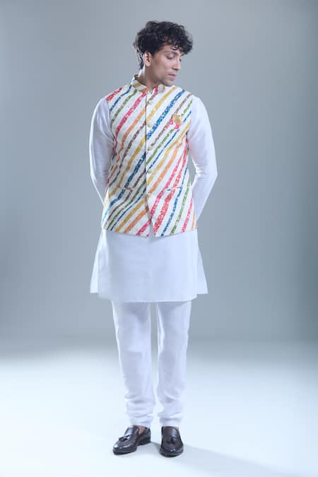 Shop_Arihant Rai Sinha_Cream Silk, Cotton Foil Printing, Embroidery Floral Bandi And Kurta Set _Online_at_Aza_Fashions
