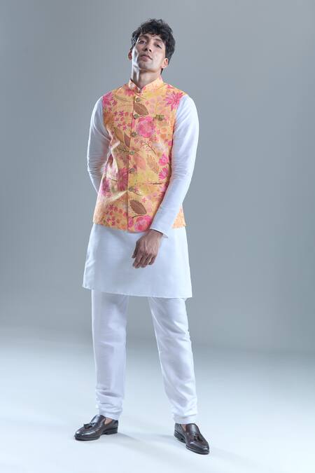 Buy_Arihant Rai Sinha_Yellow Cotton, Silk Foil Printing Botanical Bandi Kurta Set _Online_at_Aza_Fashions
