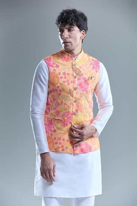 Shop_Arihant Rai Sinha_Yellow Cotton, Silk Foil Printing Botanical Bandi Kurta Set _Online_at_Aza_Fashions