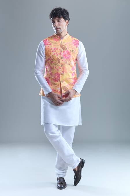 Arihant Rai Sinha_Yellow Cotton, Silk Foil Printing Botanical Bandi Kurta Set _at_Aza_Fashions