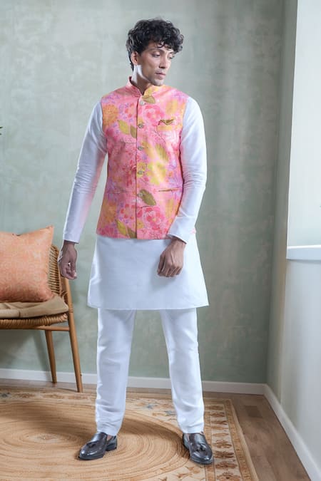 Aryavir Malhotra Botanical Print Bandi With Solid Kurta Set 