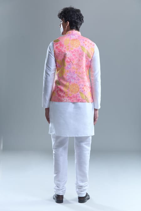 Shop_Arihant Rai Sinha_Pink Cotton, Silk Foil Printing Botanical Bandi And Kurta Set _at_Aza_Fashions
