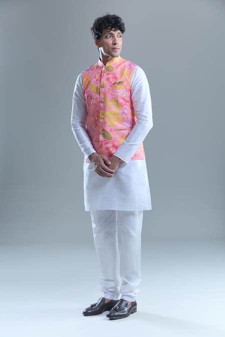 Arihant Rai Sinha_Pink Cotton, Silk Foil Printing Botanical Bandi And Kurta Set _Online_at_Aza_Fashions