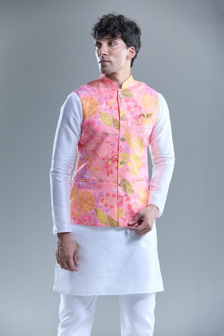 Buy_Arihant Rai Sinha_Pink Cotton, Silk Foil Printing Botanical Bandi And Kurta Set _Online_at_Aza_Fashions