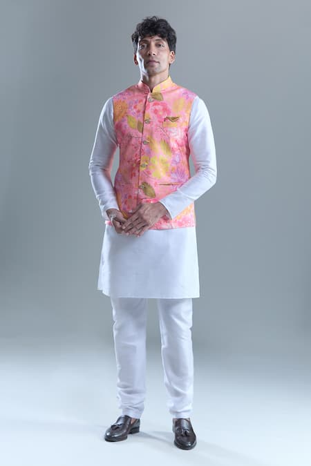 Shop_Arihant Rai Sinha_Pink Cotton, Silk Foil Printing Botanical Bandi And Kurta Set _Online_at_Aza_Fashions
