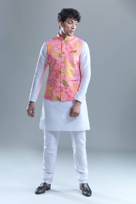 Arihant Rai Sinha_Pink Cotton, Silk Foil Printing Botanical Bandi And Kurta Set _at_Aza_Fashions