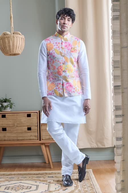 Aryavir Malhotra Floral Botanical Print Bandi With Solid Kurta Set 