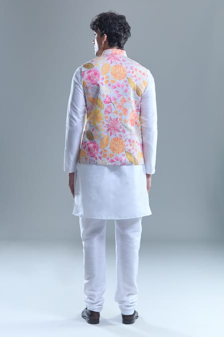 Shop Arihant Rai Sinha Gray Cotton, Silk Foil Printing Botanical Bandi And Kurta Set at Aza Fashions Shop_Arihant Rai Sinha_Gray Cotton, Silk Foil Printing Botanical Bandi And Kurta Set _at_Aza_Fashions
