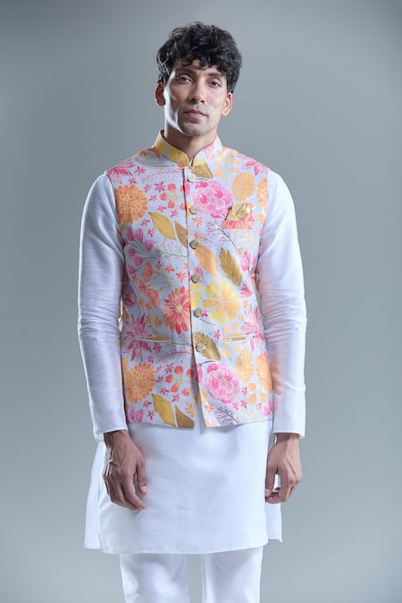 Shop Arihant Rai Sinha Gray Cotton, Silk Foil Printing Botanical Bandi And Kurta Set Online at Aza Fashions Shop_Arihant Rai Sinha_Gray Cotton, Silk Foil Printing Botanical Bandi And Kurta Set _Online_at_Aza_Fashions