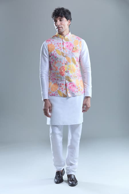 Arihant Rai Sinha Gray Cotton, Silk Foil Printing Botanical Bandi And Kurta Set at Aza Fashions Arihant Rai Sinha_Gray Cotton, Silk Foil Printing Botanical Bandi And Kurta Set _at_Aza_Fashions