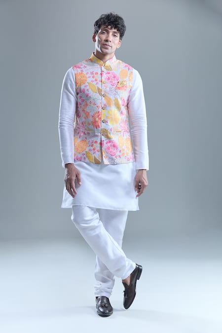 Buy Arihant Rai Sinha Gray Cotton, Silk Foil Printing Botanical Bandi And Kurta Set Buy_Arihant Rai Sinha_Gray Cotton, Silk Foil Printing Botanical Bandi And Kurta Set