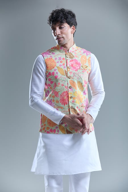 Buy_Arihant Rai Sinha_Yellow Cotton, Silk Foil Printing Floral Botanical Bandi And Kurta Set _Online_at_Aza_Fashions