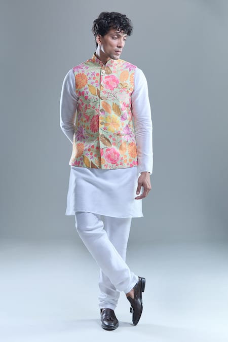 Arihant Rai Sinha_Yellow Cotton, Silk Foil Printing Floral Botanical Bandi And Kurta Set _at_Aza_Fashions