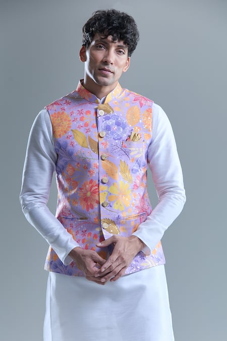 Buy_Arihant Rai Sinha_White Silk, Cotton Foil Printing Garden Bandi And Kurta Set _Online_at_Aza_Fashions